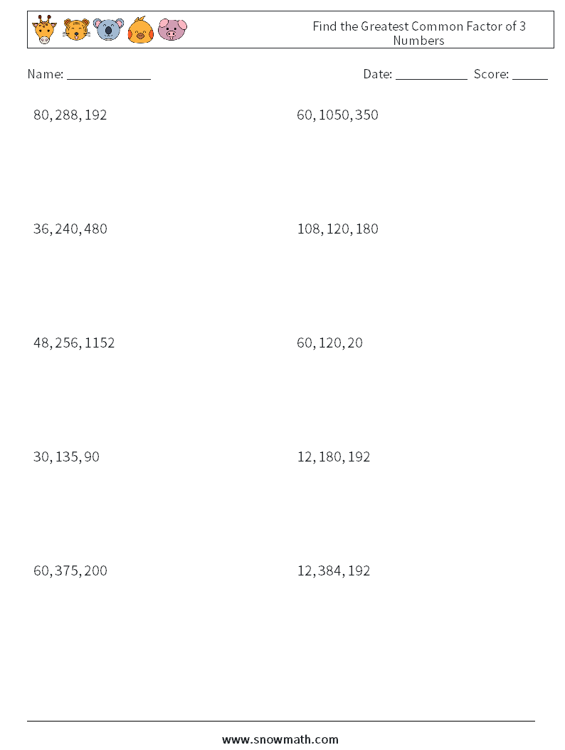 Find the Greatest Common Factor of 3 Numbers Maths Worksheets 7