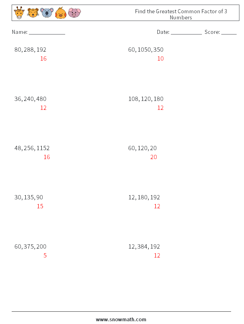 Find the Greatest Common Factor of 3 Numbers Math Worksheets 7 Question, Answer