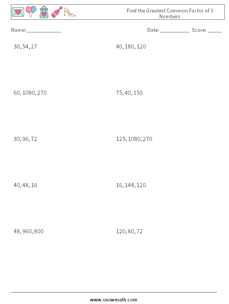 Find the Greatest Common Factor of 3 Numbers Maths Worksheets 8