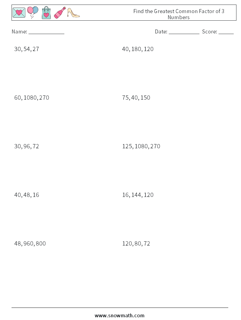 Find the Greatest Common Factor of 3 Numbers Math Worksheets 8