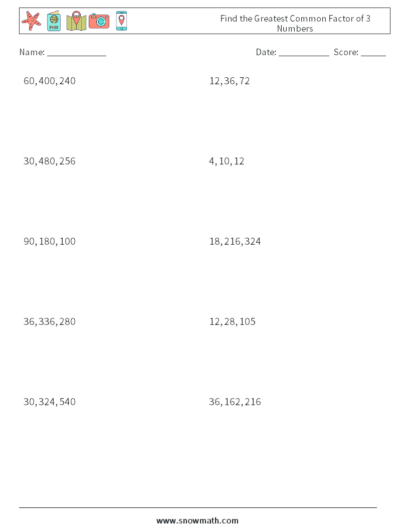 Find the Greatest Common Factor of 3 Numbers Math Worksheets 9