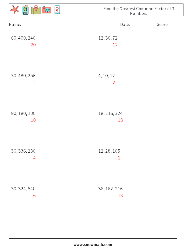 Find the Greatest Common Factor of 3 Numbers Math Worksheets 9 Question, Answer