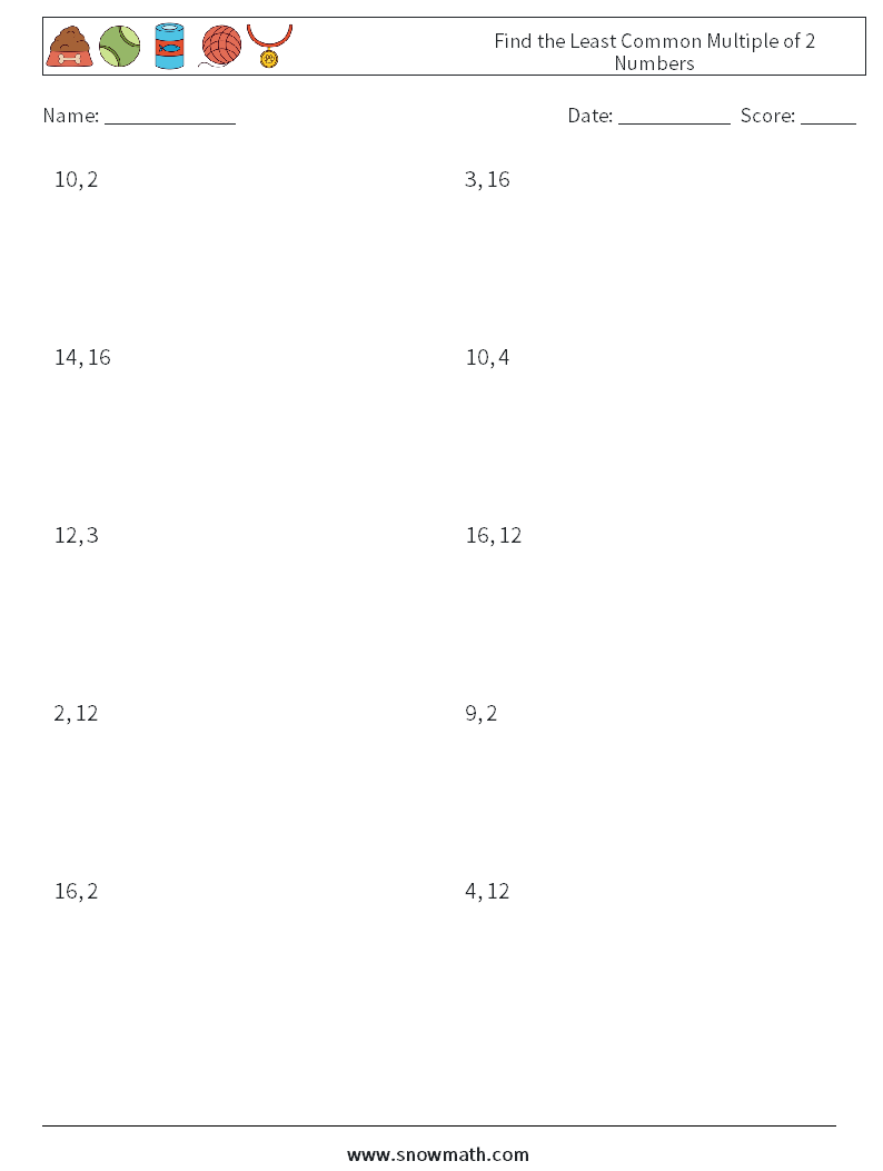 Find the Least Common Multiple of 2 Numbers Maths Worksheets 3