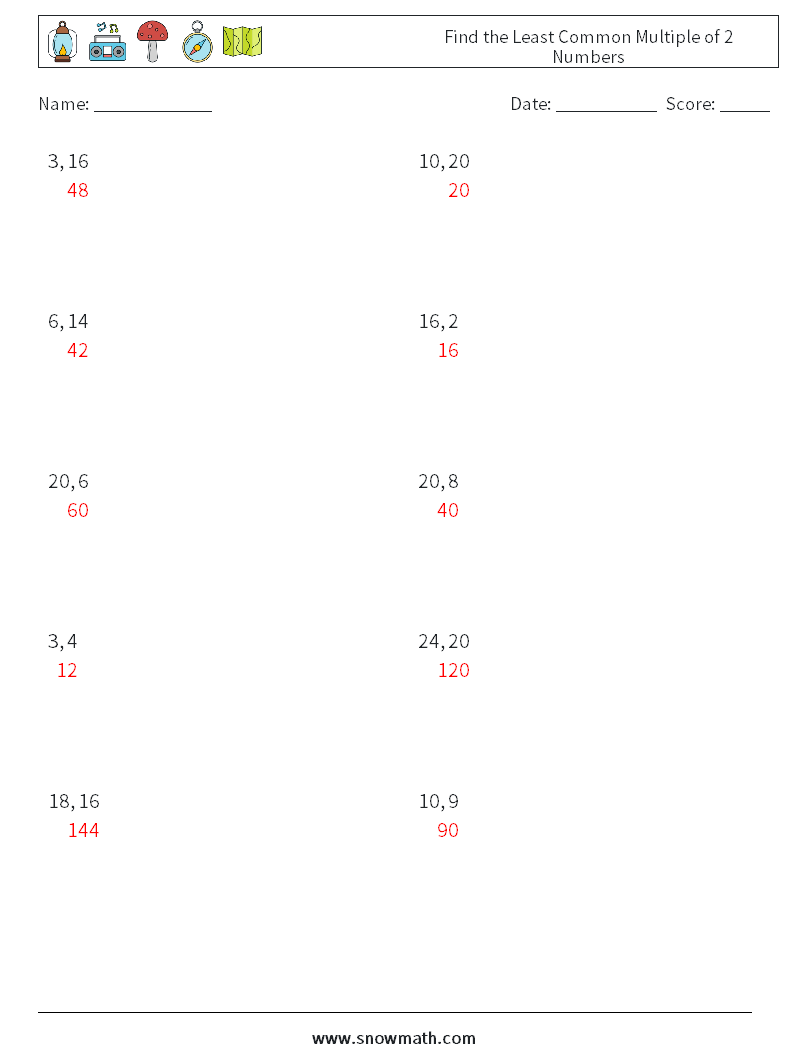 Find the Least Common Multiple of 2 Numbers Math Worksheets 4 Question, Answer