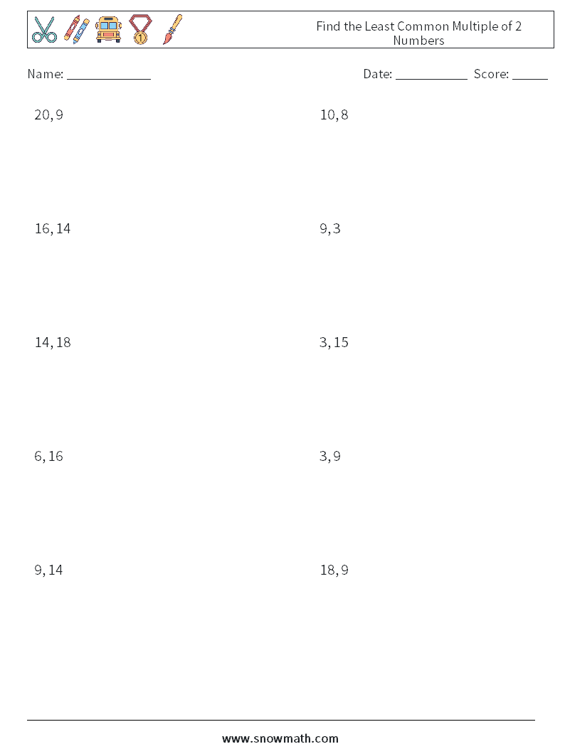 Find the Least Common Multiple of 2 Numbers Math Worksheets 5