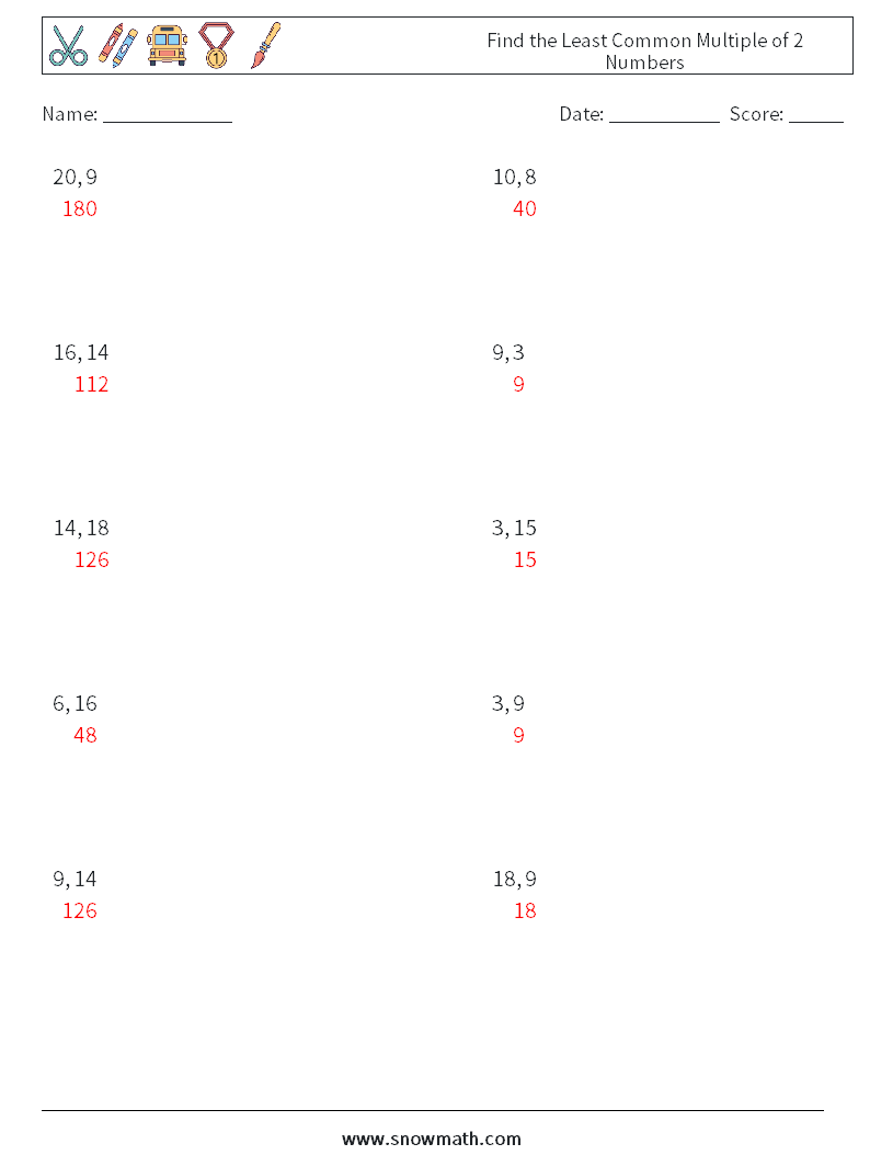 Find the Least Common Multiple of 2 Numbers Math Worksheets 5 Question, Answer