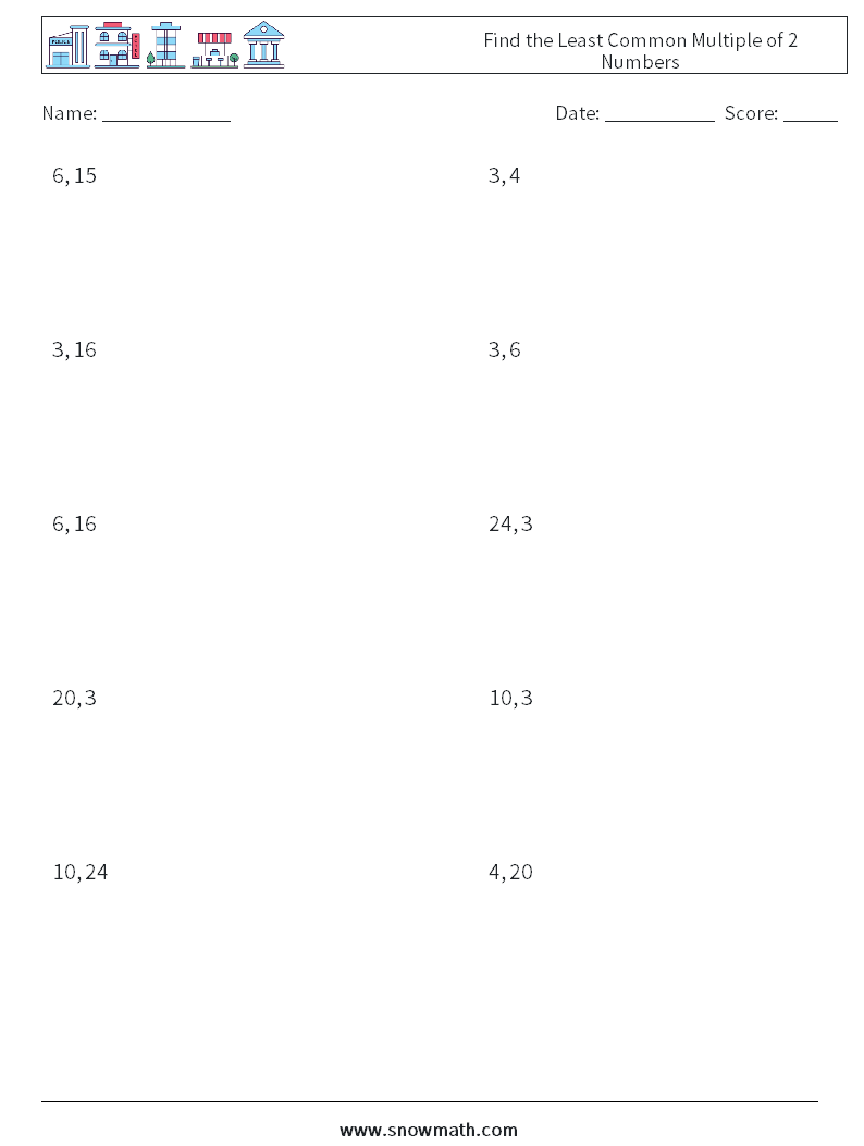 Find the Least Common Multiple of 2 Numbers Math Worksheets 6