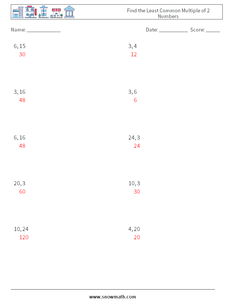 Find the Least Common Multiple of 2 Numbers Math Worksheets 6 Question, Answer