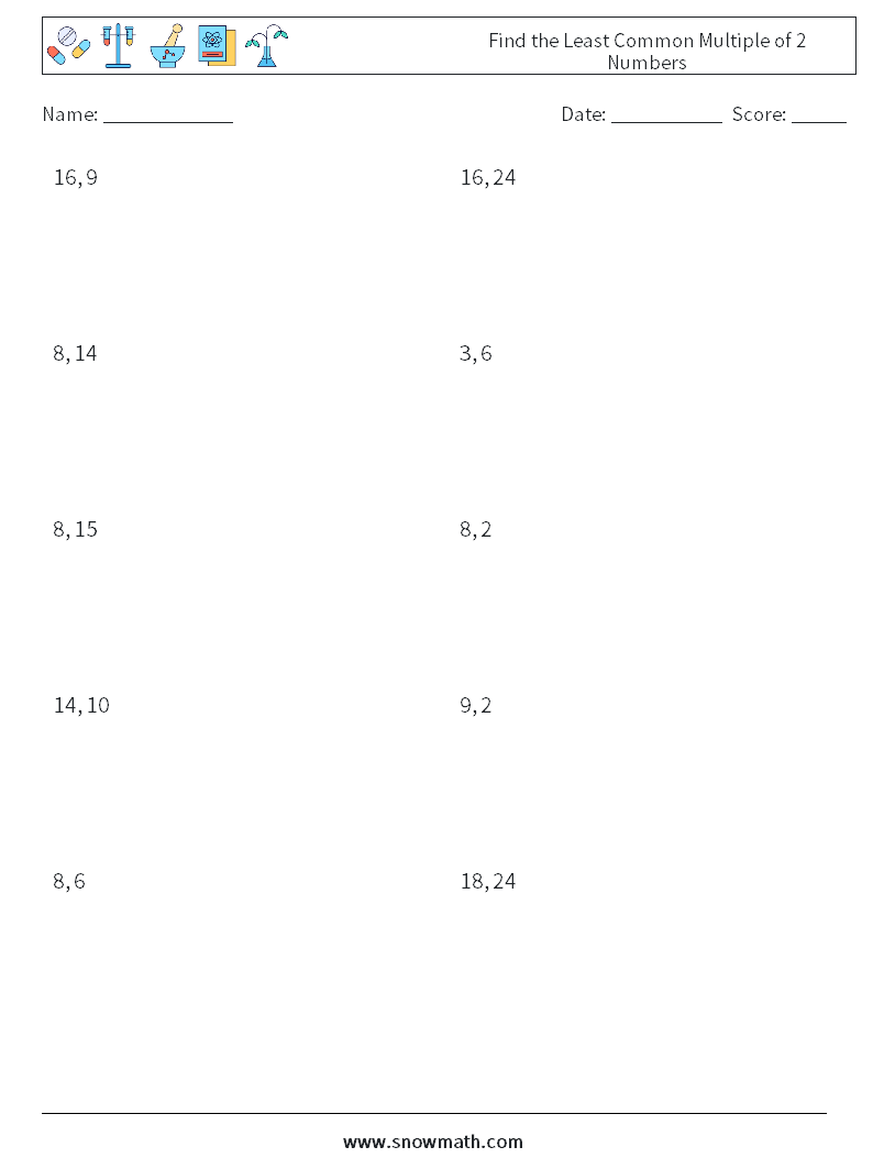 Find the Least Common Multiple of 2 Numbers Maths Worksheets 7