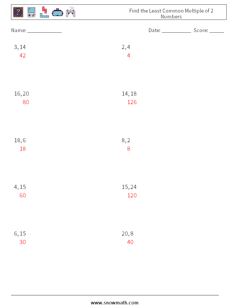 Find the Least Common Multiple of 2 Numbers Math Worksheets 9 Question, Answer