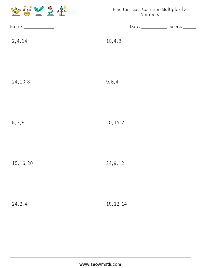 Find the Least Common Multiple of 3 Numbers Math Worksheets 1