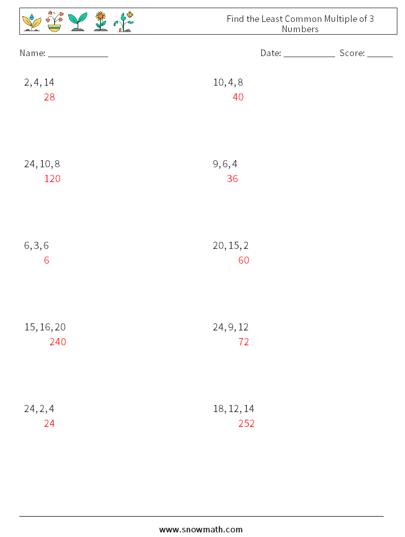 Find the Least Common Multiple of 3 Numbers Math Worksheets 1 Question, Answer