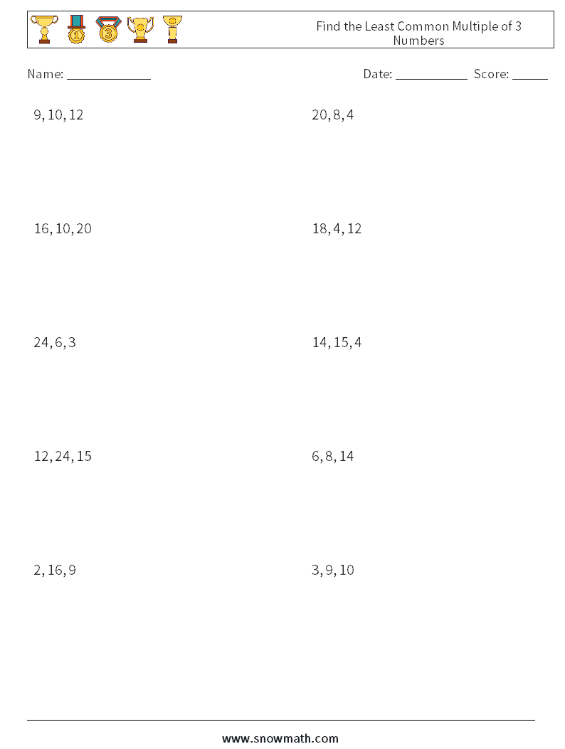 Find the Least Common Multiple of 3 Numbers Math Worksheets 2
