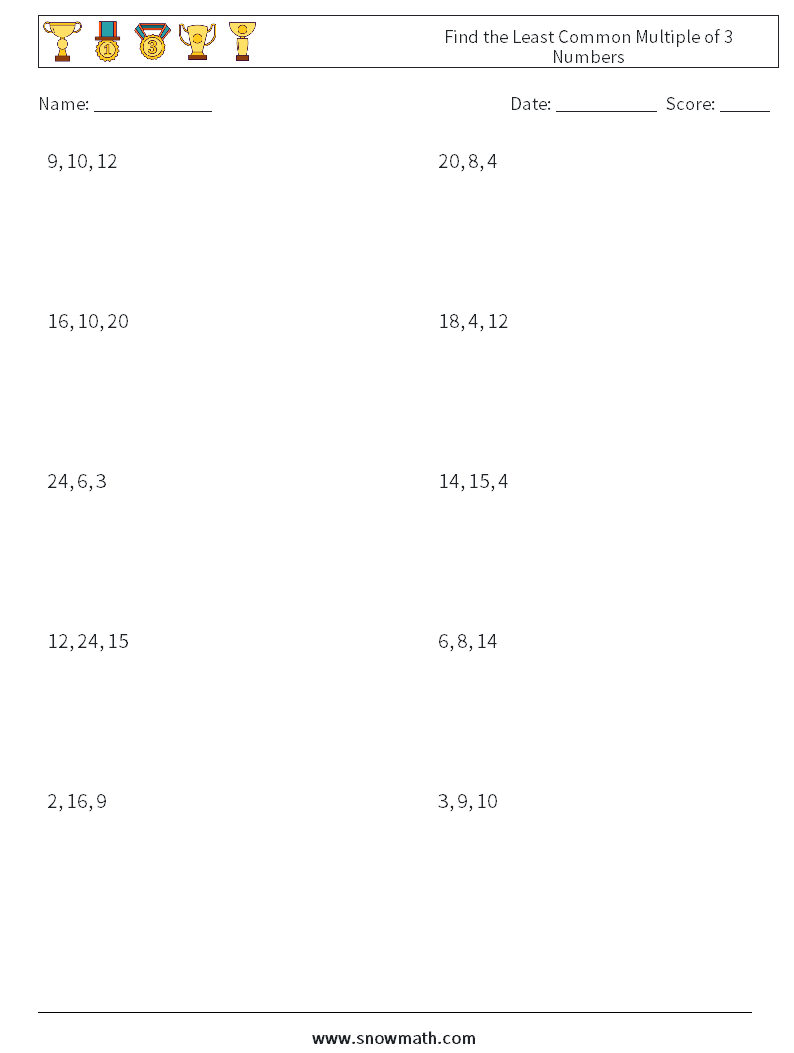 Find the Least Common Multiple of 3 Numbers Maths Worksheets 2