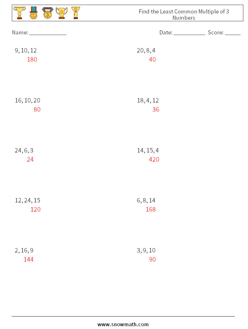 Find the Least Common Multiple of 3 Numbers Math Worksheets 2 Question, Answer