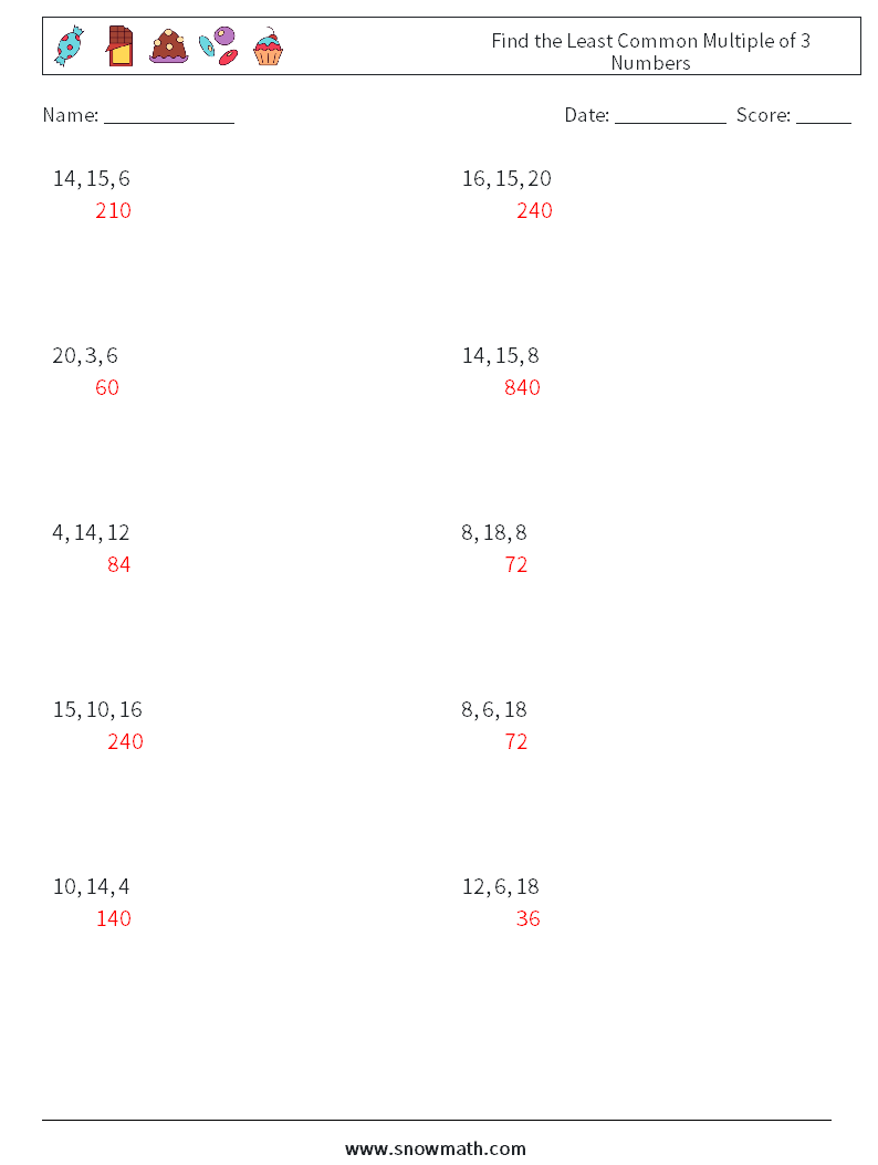 Find the Least Common Multiple of 3 Numbers Math Worksheets 3 Question, Answer