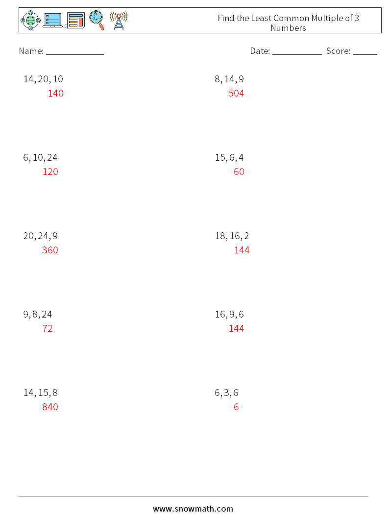 Find the Least Common Multiple of 3 Numbers Math Worksheets 4 Question, Answer