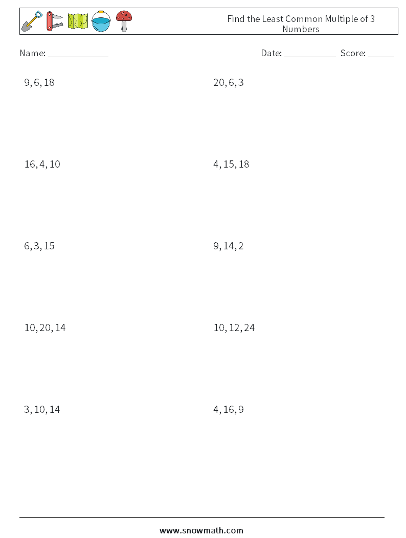 Find the Least Common Multiple of 3 Numbers Maths Worksheets 5