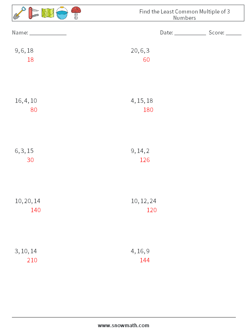 Find the Least Common Multiple of 3 Numbers Math Worksheets 5 Question, Answer