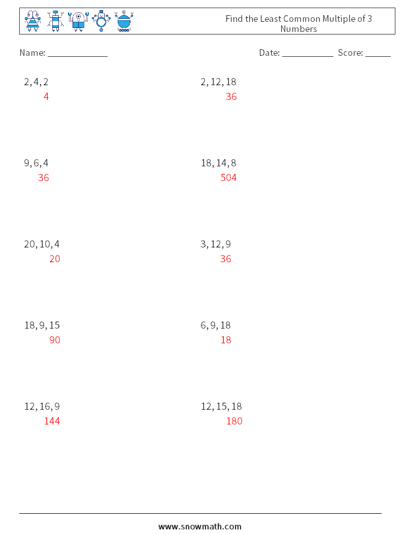 Find the Least Common Multiple of 3 Numbers Math Worksheets 6 Question, Answer