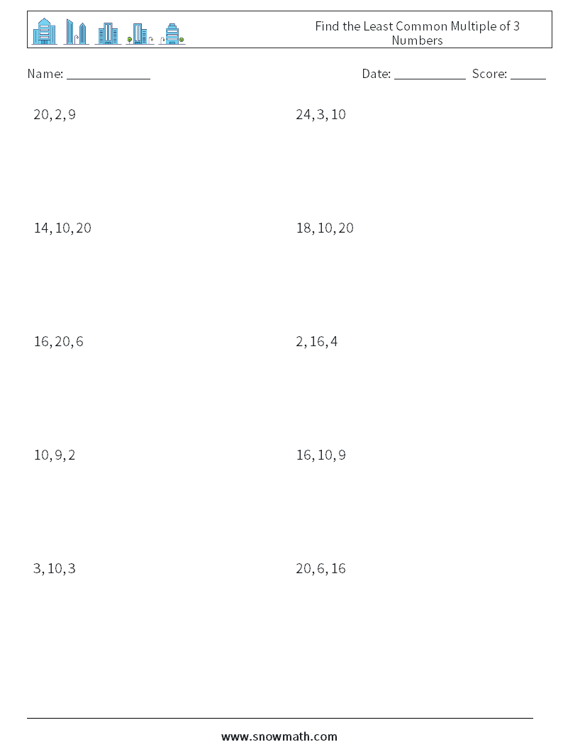 Find the Least Common Multiple of 3 Numbers Math Worksheets 7