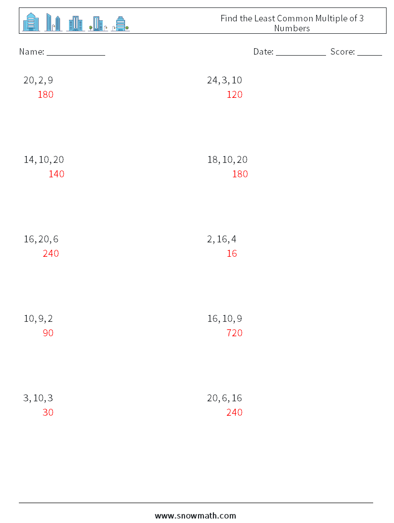 Find the Least Common Multiple of 3 Numbers Math Worksheets 7 Question, Answer