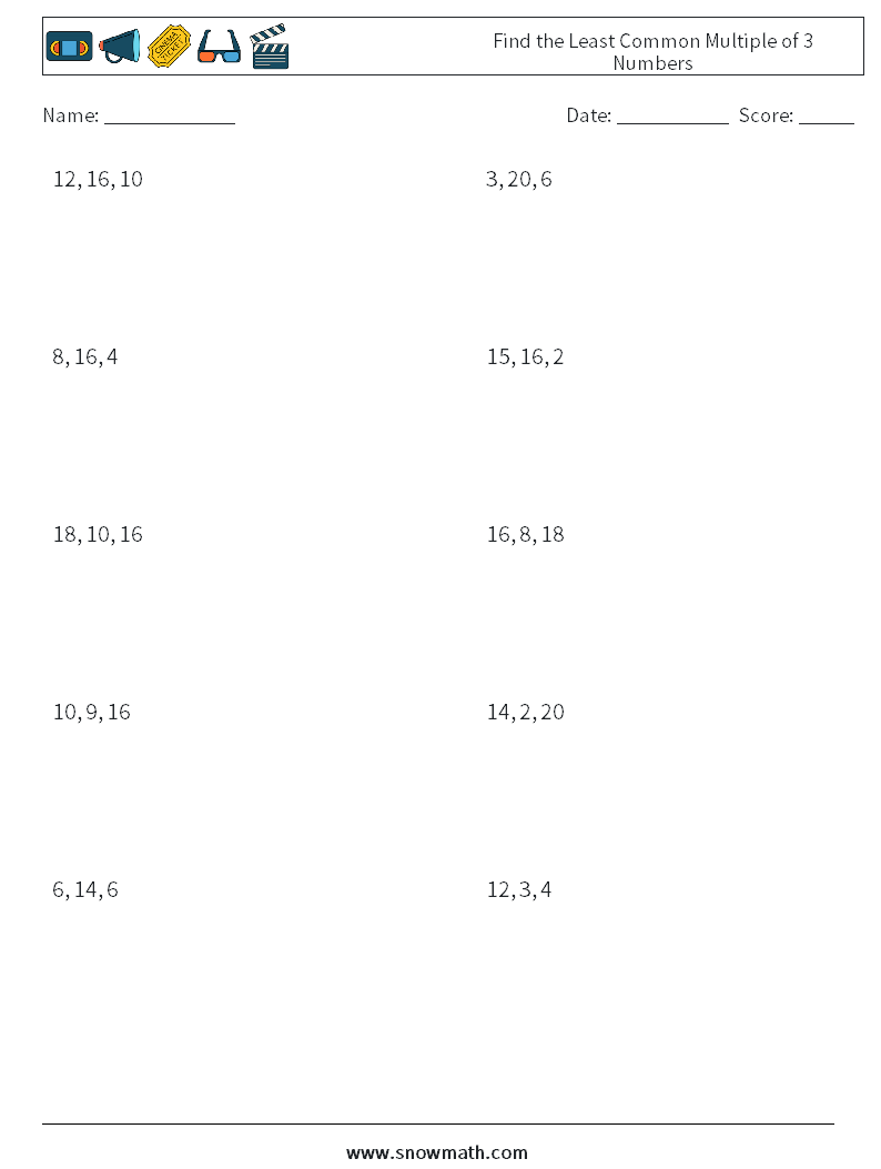 Find the Least Common Multiple of 3 Numbers Maths Worksheets 8