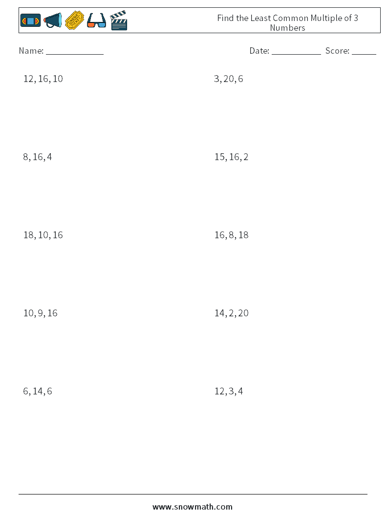 Find the Least Common Multiple of 3 Numbers Math Worksheets 8