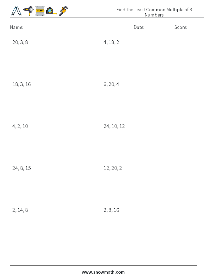 Find the Least Common Multiple of 3 Numbers Maths Worksheets 9