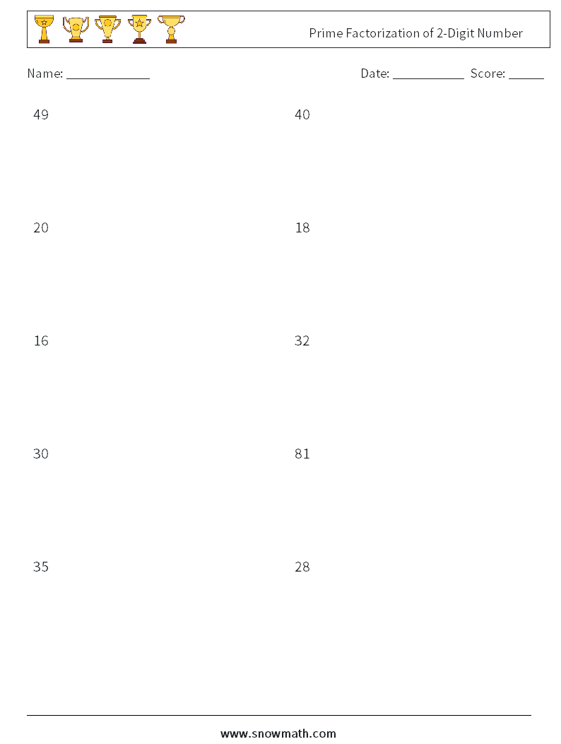 Prime Factorization of 2-Digit Number Math Worksheets 1