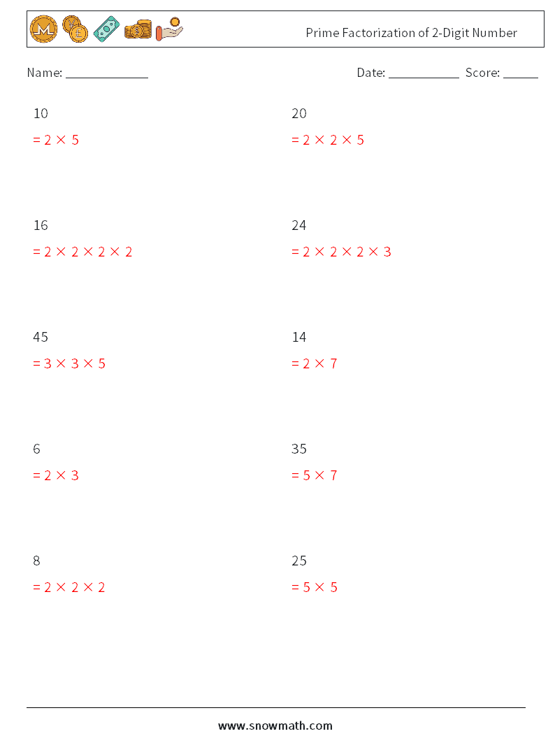 Prime Factorization of 2-Digit Number Math Worksheets 2 Question, Answer