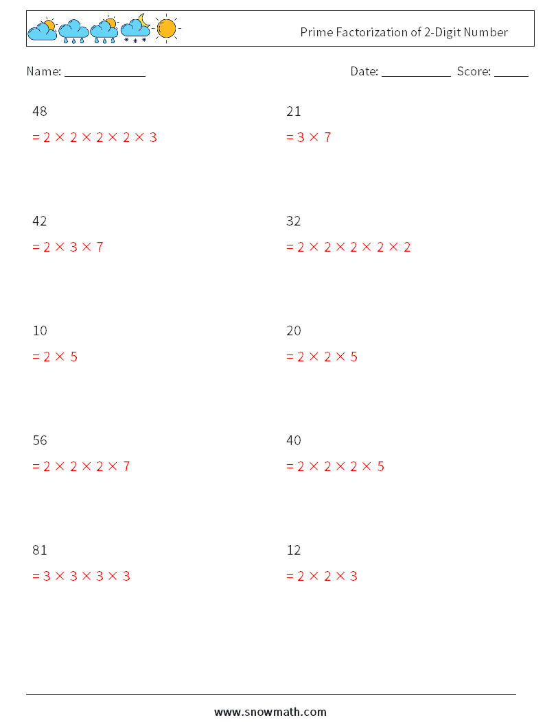 Prime Factorization of 2-Digit Number Math Worksheets 4 Question, Answer