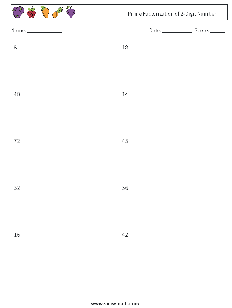 Prime Factorization of 2-Digit Number Math Worksheets 5