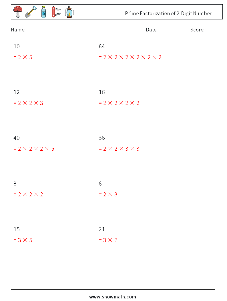 Prime Factorization of 2-Digit Number Math Worksheets 6 Question, Answer