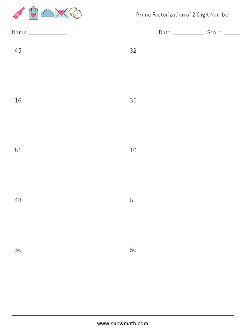 Prime Factorization of 2-Digit Number Math Worksheets 7
