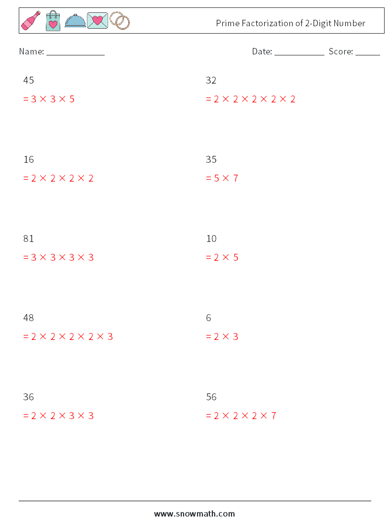 Prime Factorization of 2-Digit Number Math Worksheets 7 Question, Answer