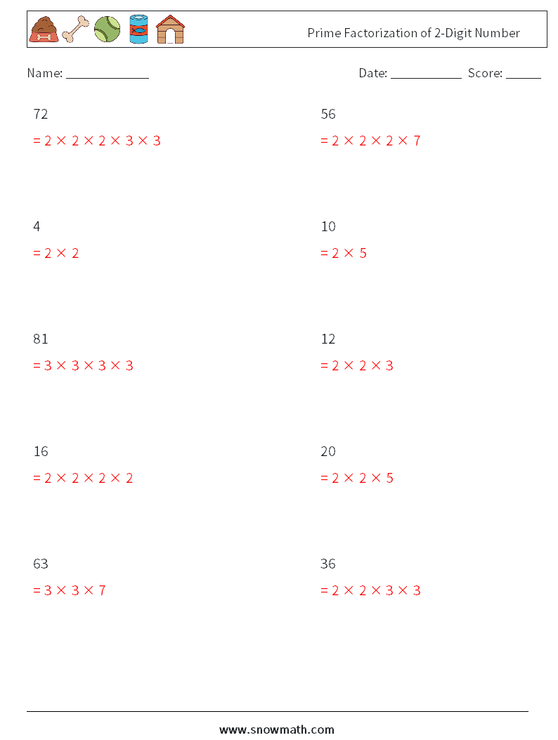 Prime Factorization of 2-Digit Number Math Worksheets 8 Question, Answer