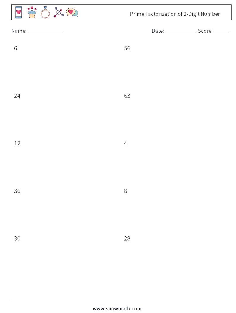 Prime Factorization of 2-Digit Number Math Worksheets 9