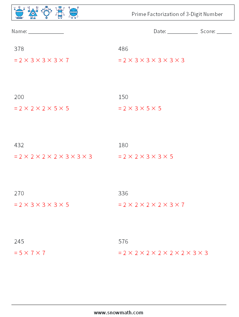 Prime Factorization of 3-Digit Number Math Worksheets 1 Question, Answer