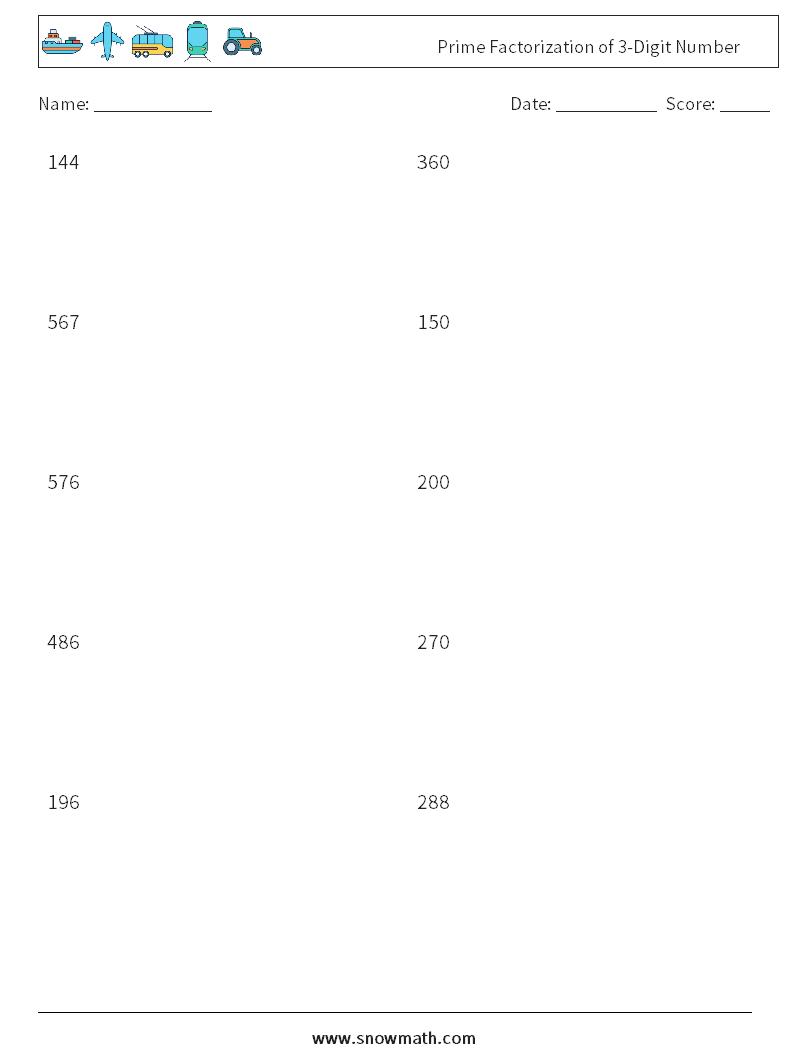 Prime Factorization of 3-Digit Number Maths Worksheets 2