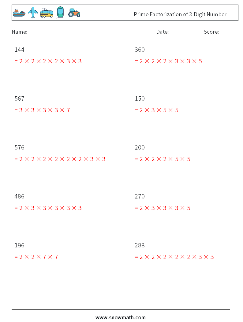 Prime Factorization of 3-Digit Number Math Worksheets 2 Question, Answer