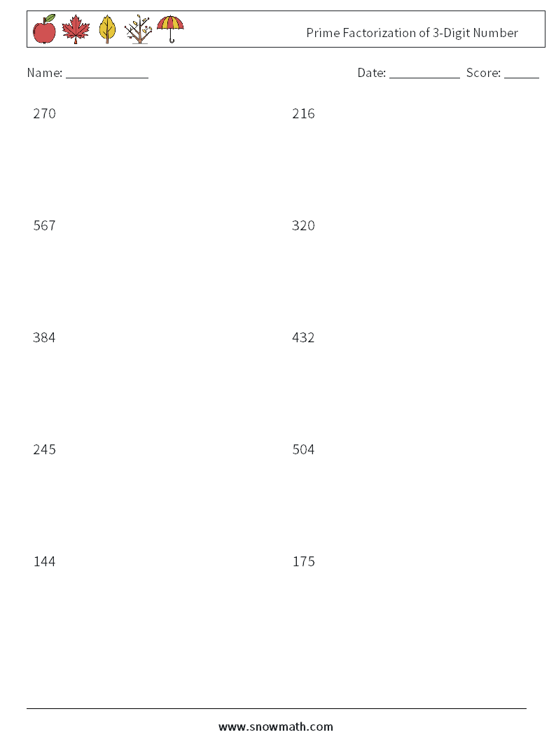 Prime Factorization of 3-Digit Number Math Worksheets 3