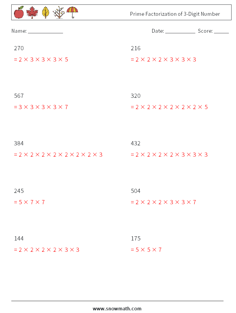 Prime Factorization of 3-Digit Number Math Worksheets 3 Question, Answer
