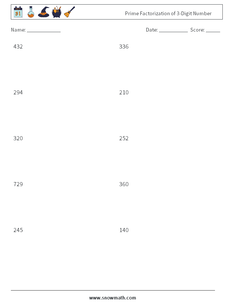 Prime Factorization of 3-Digit Number Math Worksheets 4