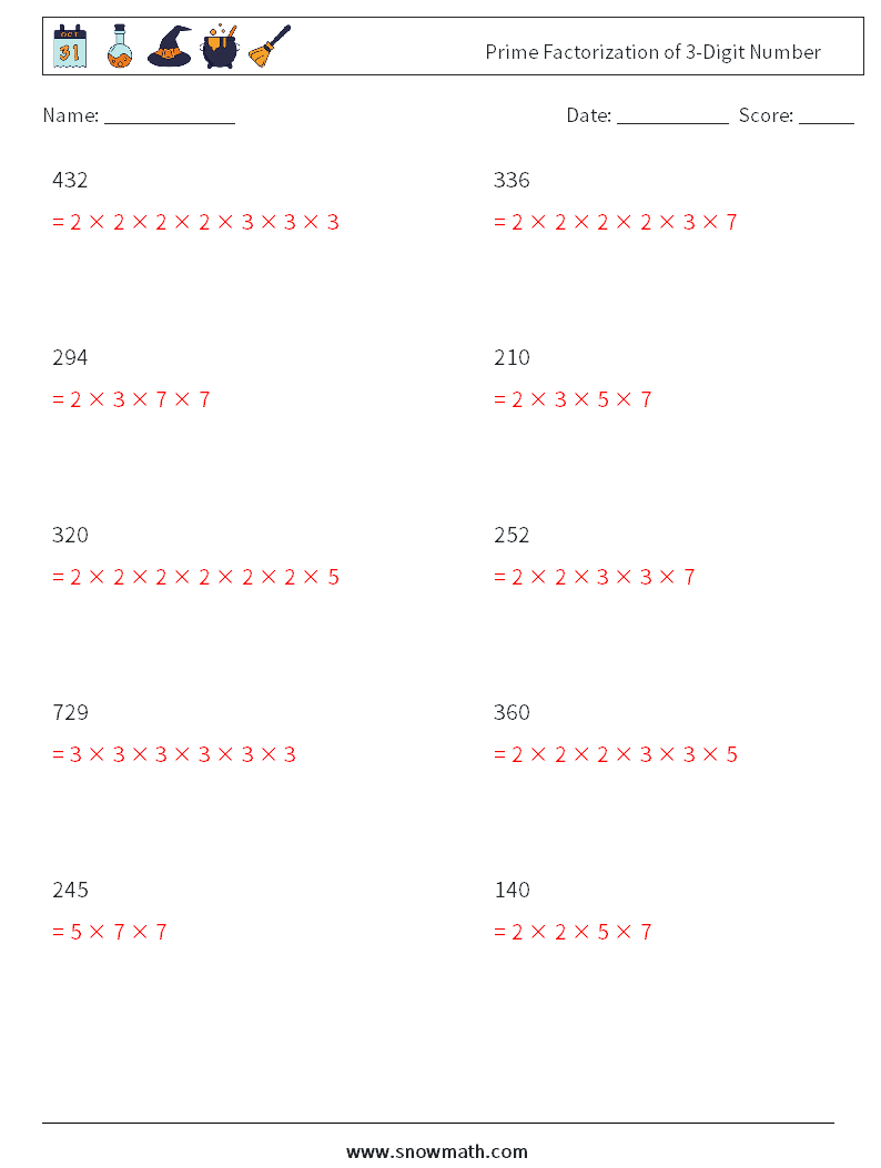 Prime Factorization of 3-Digit Number Math Worksheets 4 Question, Answer