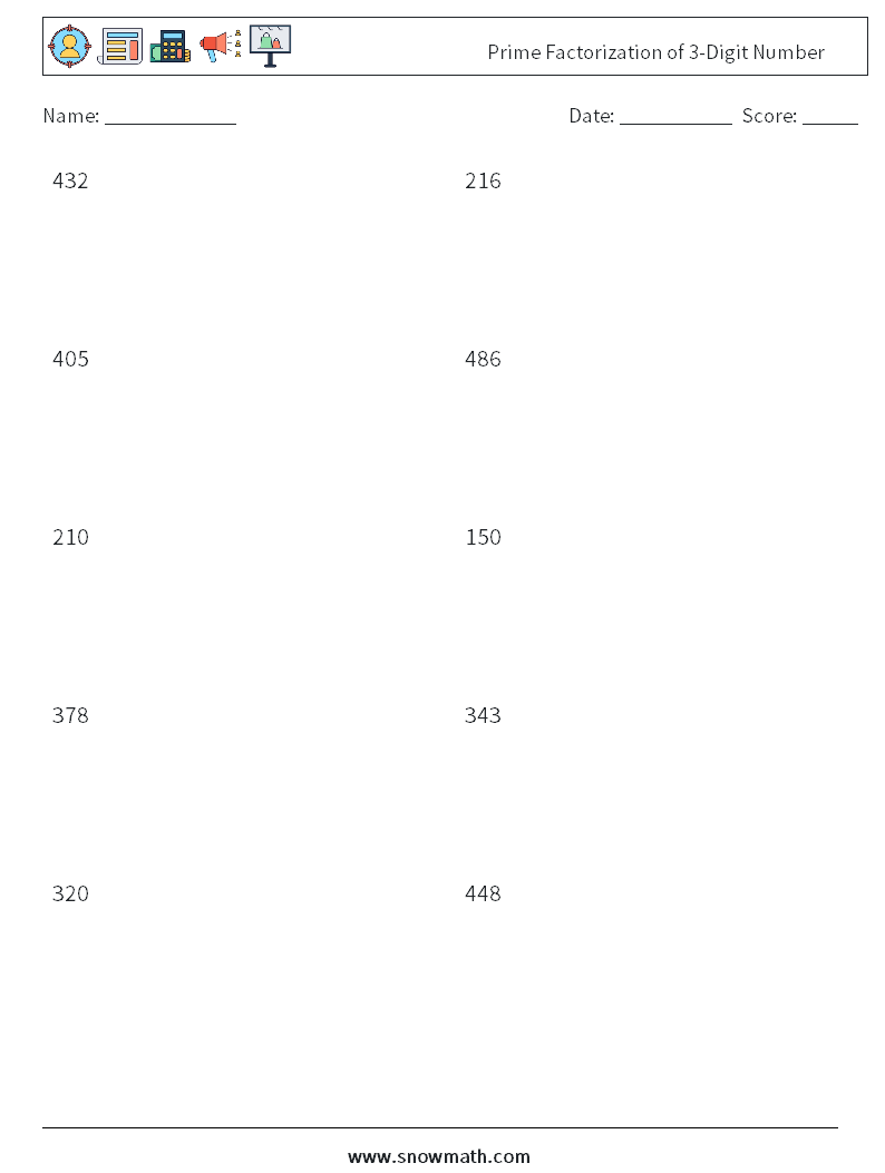 Prime Factorization of 3-Digit Number Math Worksheets 6