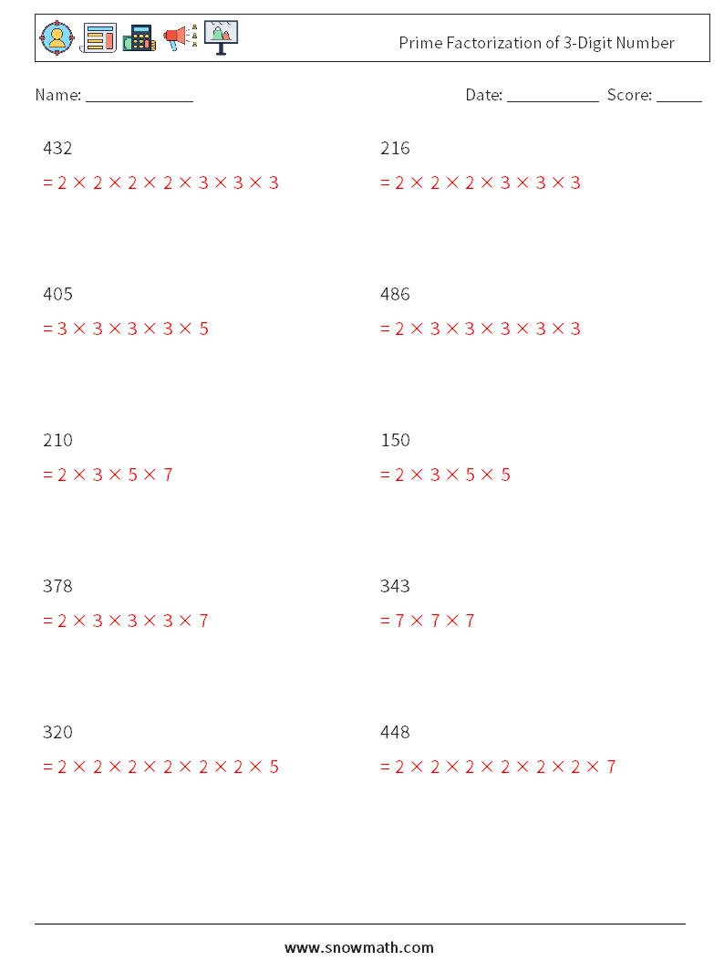 Prime Factorization of 3-Digit Number Math Worksheets 6 Question, Answer