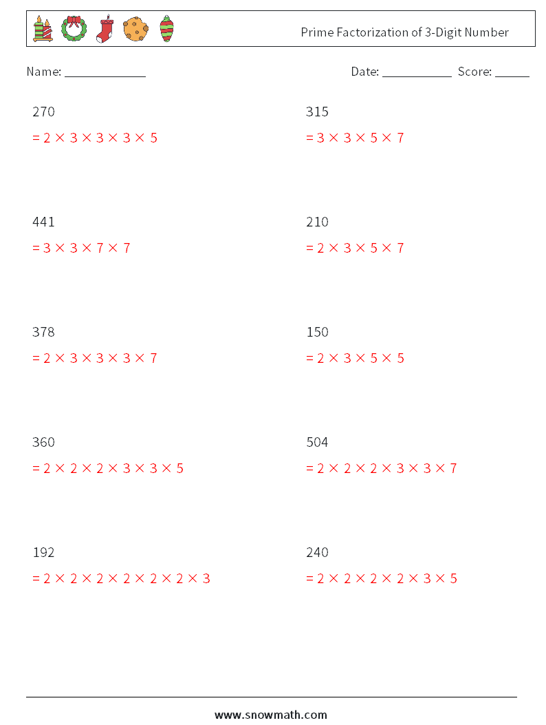 Prime Factorization of 3-Digit Number Math Worksheets 8 Question, Answer