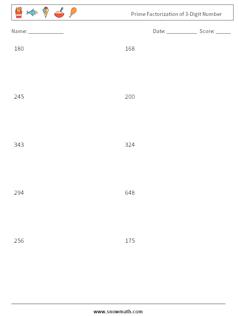 Prime Factorization of 3-Digit Number Math Worksheets 9