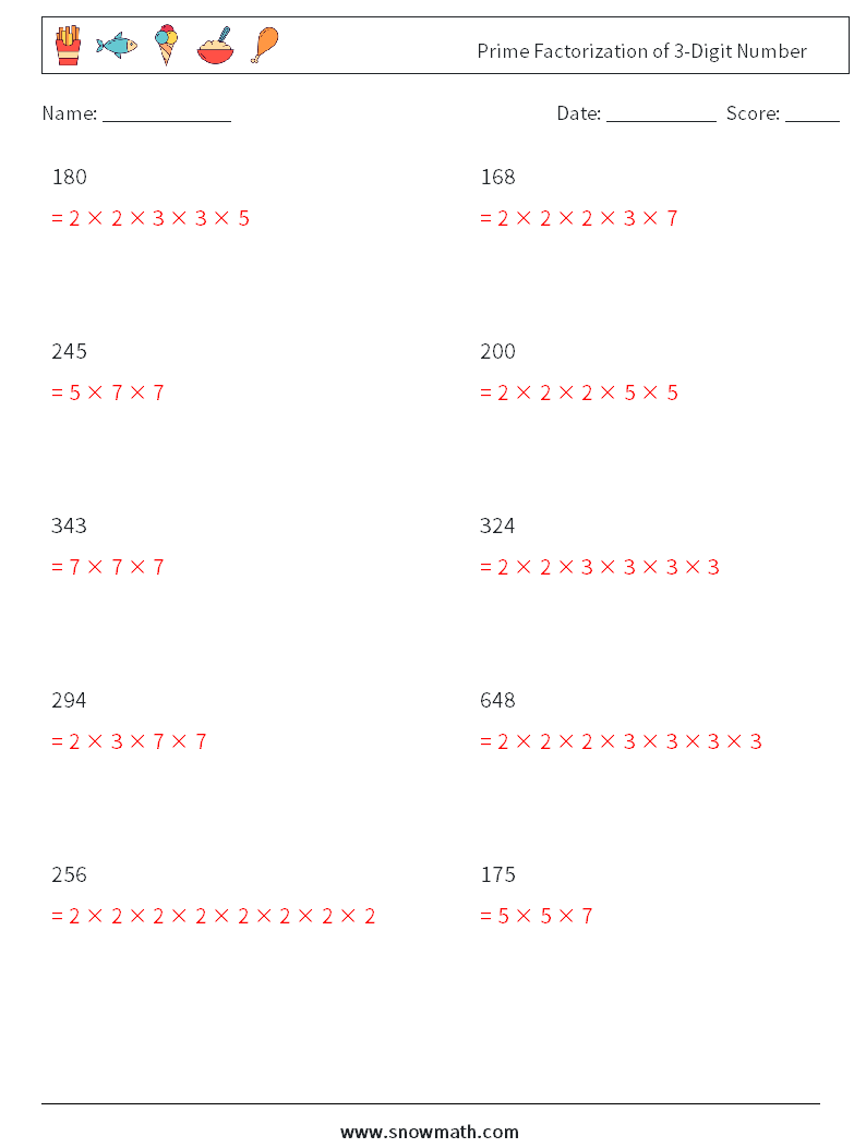 Prime Factorization of 3-Digit Number Math Worksheets 9 Question, Answer